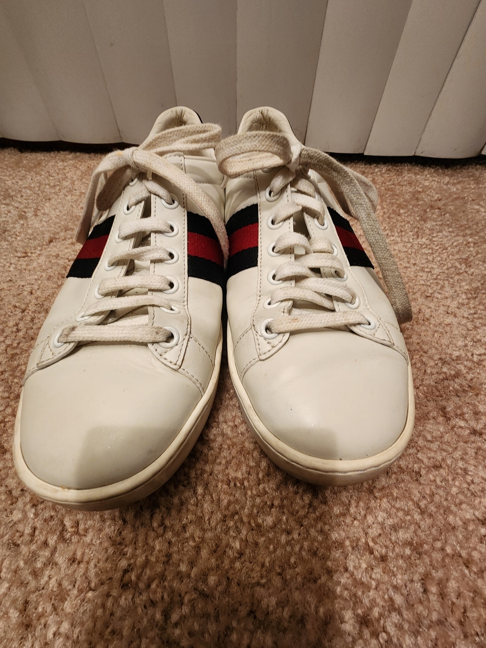 Gucci White Leather Sneakers with Red & Black Web Stripe
